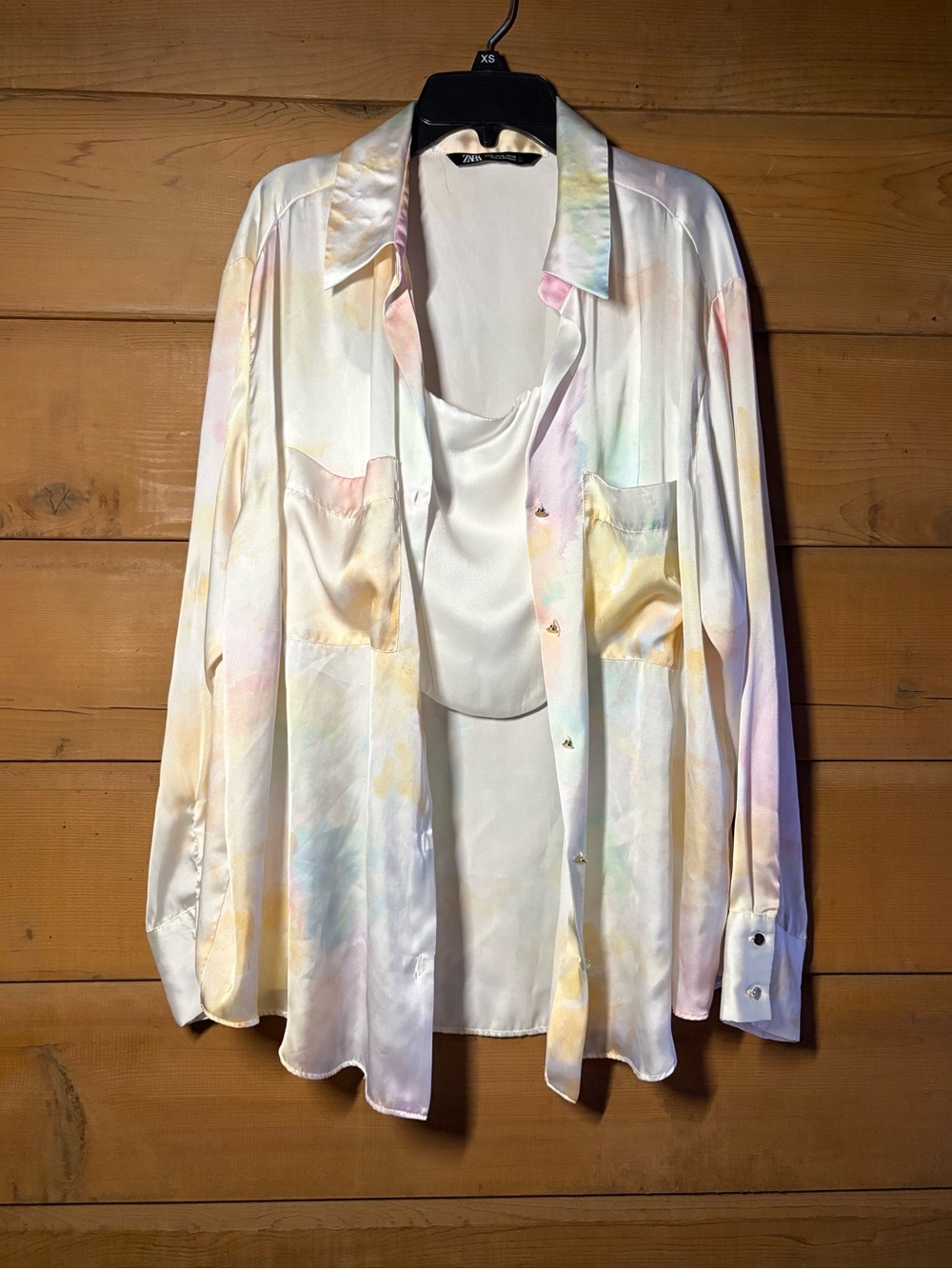 Zara Satin Blouse- Size XL- Pastel Multicolor Button Down